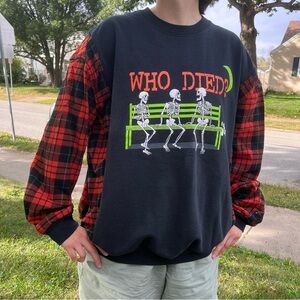Handmade, Upcycled sweatshirt, flannel size, large, skeletons, Halloween fall